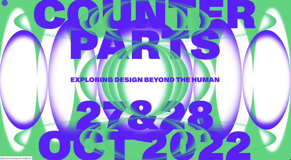 Screenshot from Counterparts conference website with expanding green and purple spheres and conference title and date