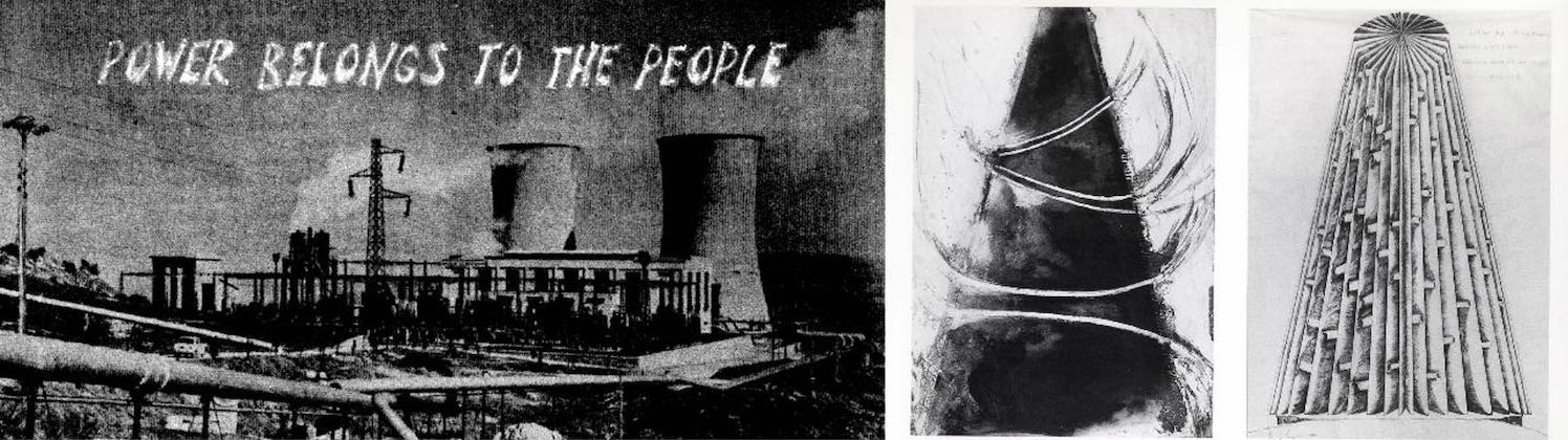side by side images in which the first shows a nuclear power station with the words